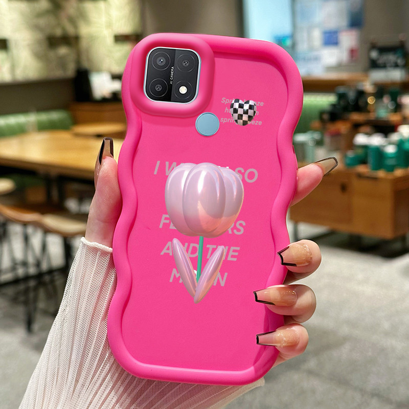 Casing Hp Untuk OPPO A15 A15s A35 4G Case Cute 3D Pink Tulip Cesing Polos Kasing Macaron gelombang K