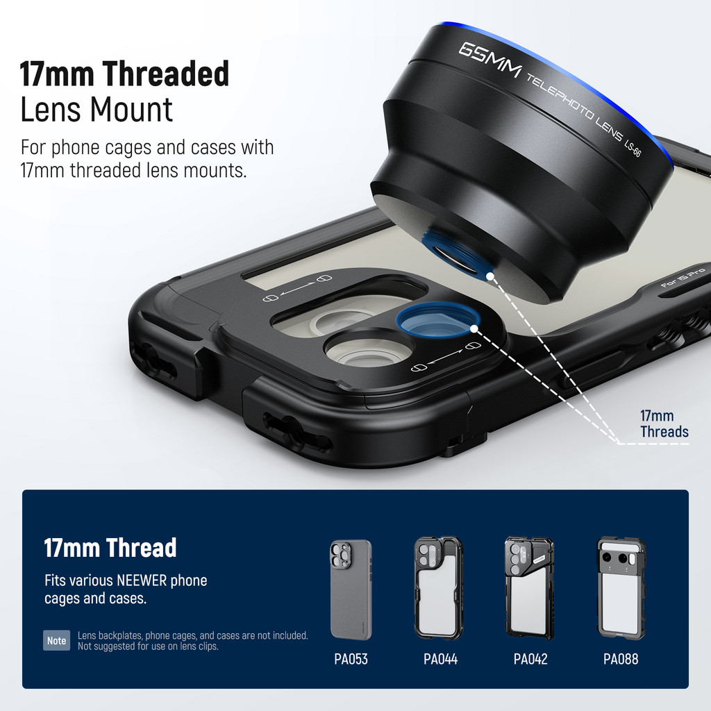 NEEWER HD 65mm Telephoto Phone Camera Lens with Lens Hood for Phone Cage Case, 1.7X Zoom Lens For