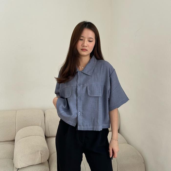 Dami Shirt / Kemeja Crop Oversize List Unisex Baju Linen Panjang Wanita