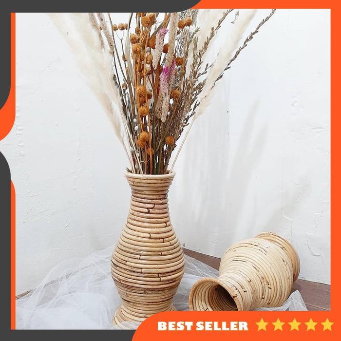 Best Seller Pot Vas Bunga Rotan Alami / Guci Rotan Dekorasi Rumah Ukuran 30Cm Original