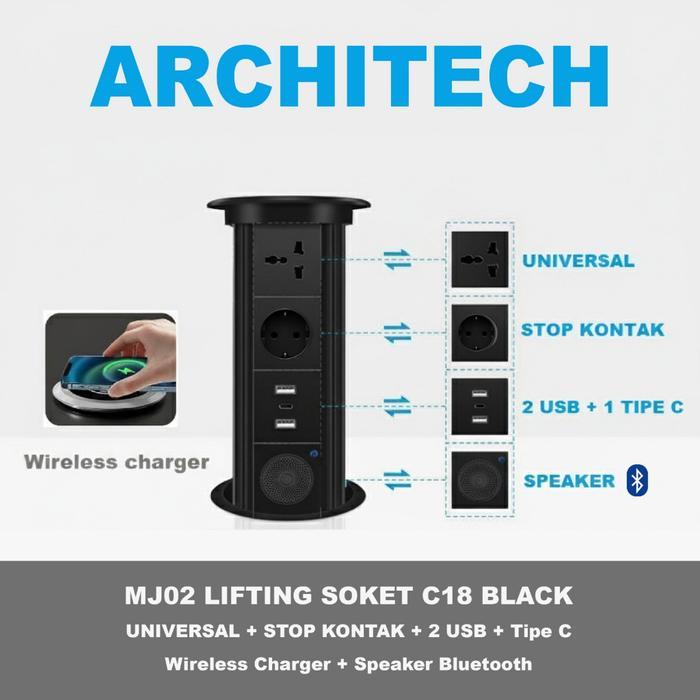 ARCHITECH MJ02 LIFTING SOKET C18 WIRELESS+BLUETOOTH BLACK STOP KONTAK MEJA