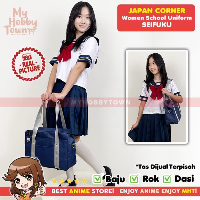 Terlaris Seifuku Seragam Sekolah Jepang Putih - Biru - Dasi Merah Rok Pendek Best Quality