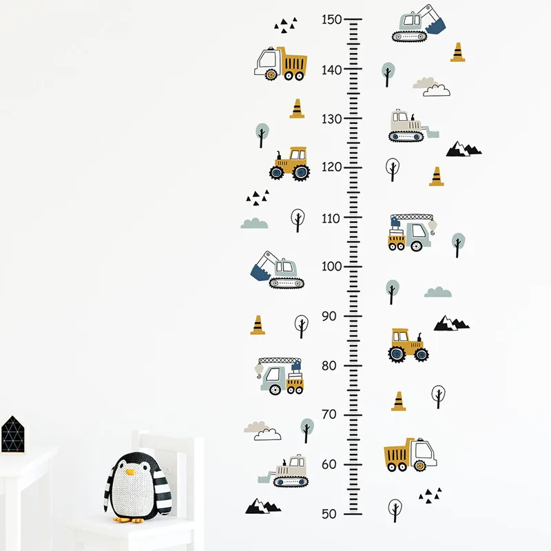 Cartoon Wall Stickers Height Measurement for Boys Room Cars Truck Tractor Bulldozer Height Grow Up