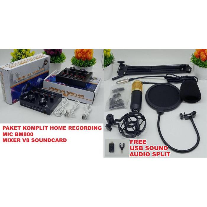 Paket Komplit Home Recording Mic BM800+Mixer V8 Soundcard V8