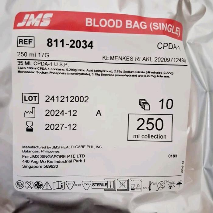Ready Blood Bag JMS 250/Kantong Darah JMS 250/Blood Bag Single 250 JMS
