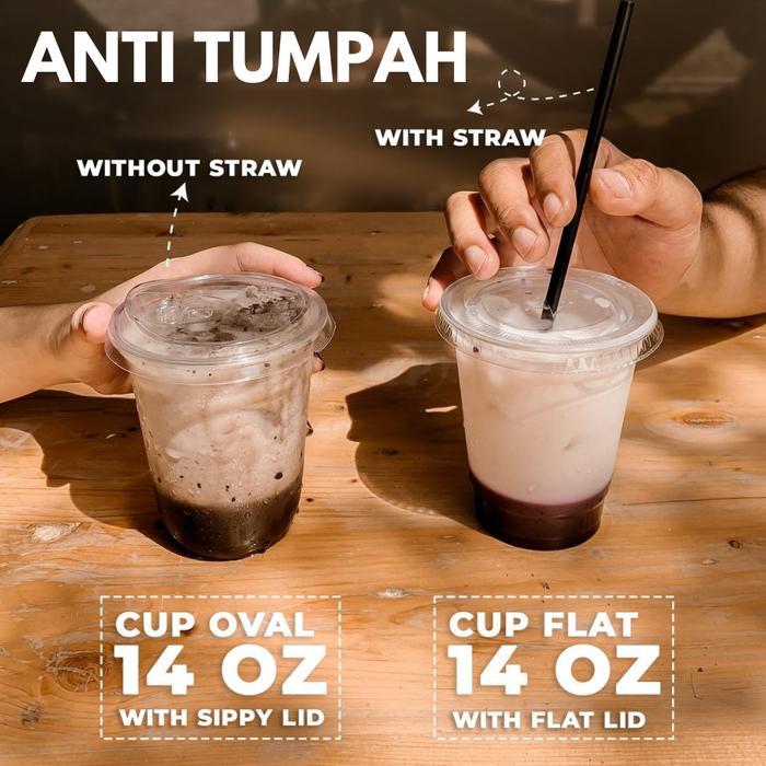 Cup Gelas 14 Oz Oval Pet + Tutup Lid Anti Tumpah / Gelas Cup 14Oz Kopi Coffee Teh Juice Strawless