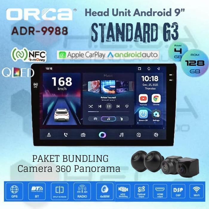 ORCA Standard G3 4/128 GB 9 inch NFC Android QLED ADR-9988 Head Unit Mobil 9" Tape TV + Camera 360