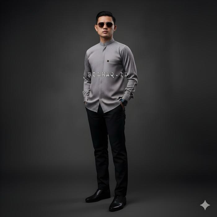 Bilhaq - Kemko Ikram Soft Sage Kemeja Lengan Panjang Pria Motif Timbul Warna Sage Baju Muslim