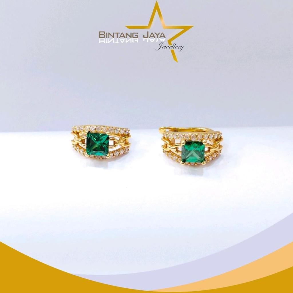 Anting Emas - Jepit M Hijau Kel M Putih - Kadar 16K - Berat 3,12gr - Desain Jepit Warna - Fresh & mo