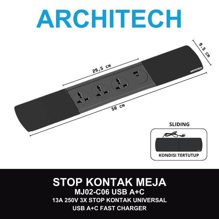ARCHITECH MJ02-C06 USB A+C Stop Kontak Meja 3 STOPKONTAK Multi 3pin UNIVERSAL USB A+C FAST CHARGER