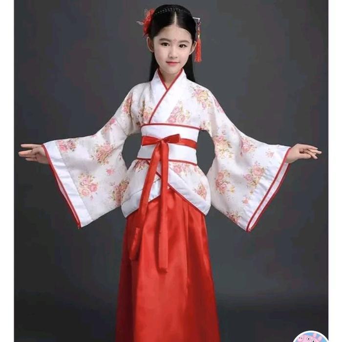 Kostum hanfu baju tradisional china cheongsam imlek import merah putih motif bunga christantum