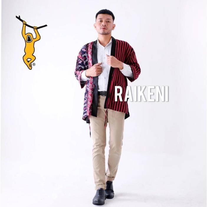 RAIKENI Kimono Kuroba Kimono Outer Tenun Batik Hitam Kimono Outer Batik Tenun Tradisional Outer