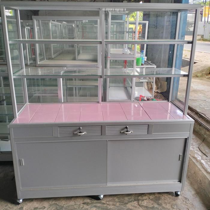 etalase makanan P.150 laci 2 meja keramik pink