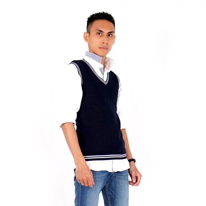 Okechuku Knit Vest Pria / Rompi Rajut Dewasa Navy List Putih Rompi Pria Rajut Knit Vest Rajut Pria