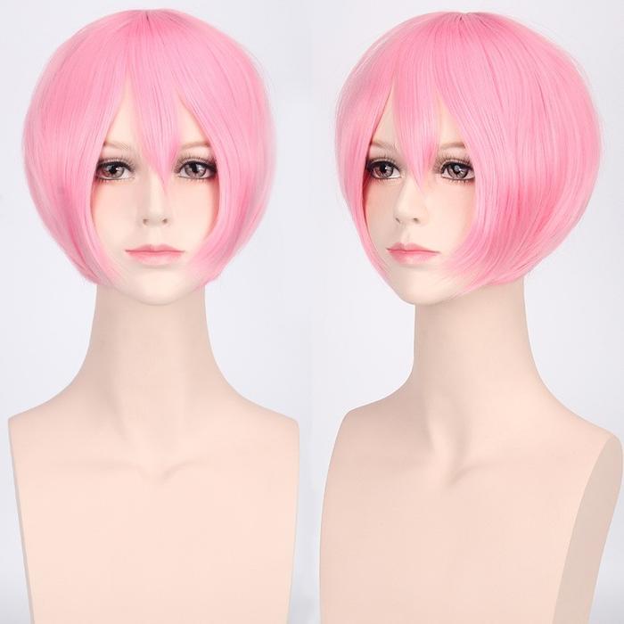 K047-9 PINK wig base cowok pendek cosplay rambut palsu 30 cm hitam abu