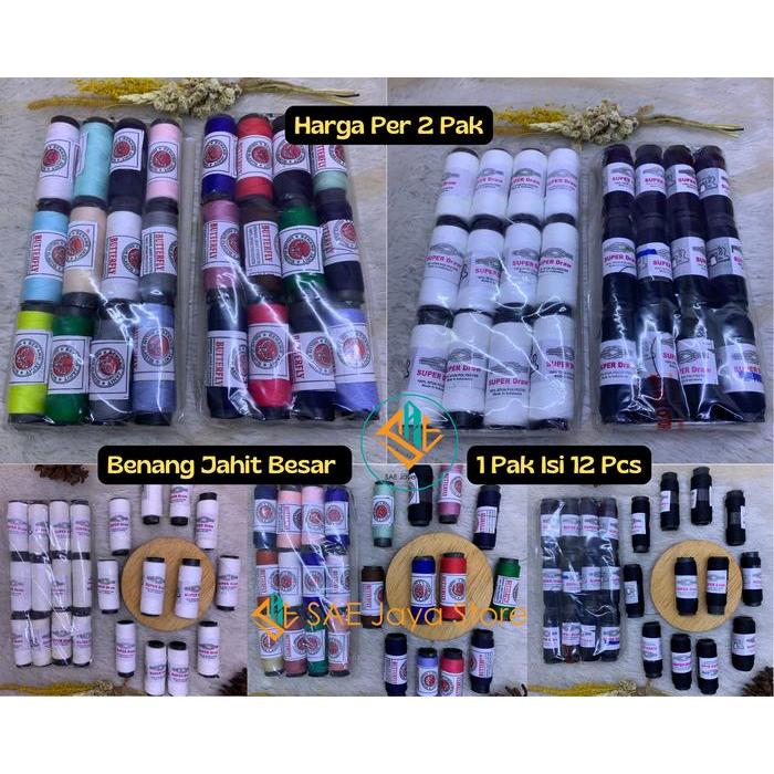 (24 PCS) BENANG JAHIT BESAR PAK ISI 12 PCS WARNA PUTIH HITAM CAMPUR WARNA / BENANG BESAR