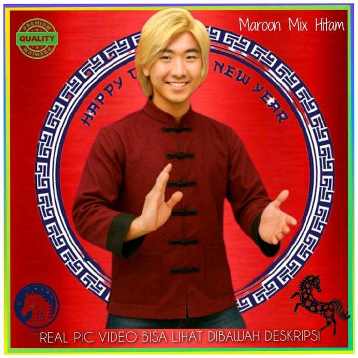 Baju Cina Kemeja Cina Pria Cheongsam Tradisional Imlek Maroon Mix Hitam