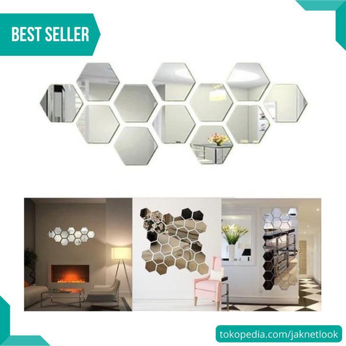 Sticker Cermin Mirror Kaca Dekorasi Dinding Tiang Rumah Model Hexagon