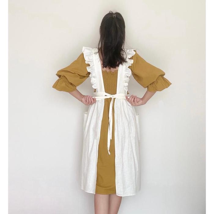 Elle Ruffle Apron / Apron Linen / Celemek Korea Jepang / Pinafore Cottagecore Berkualitas