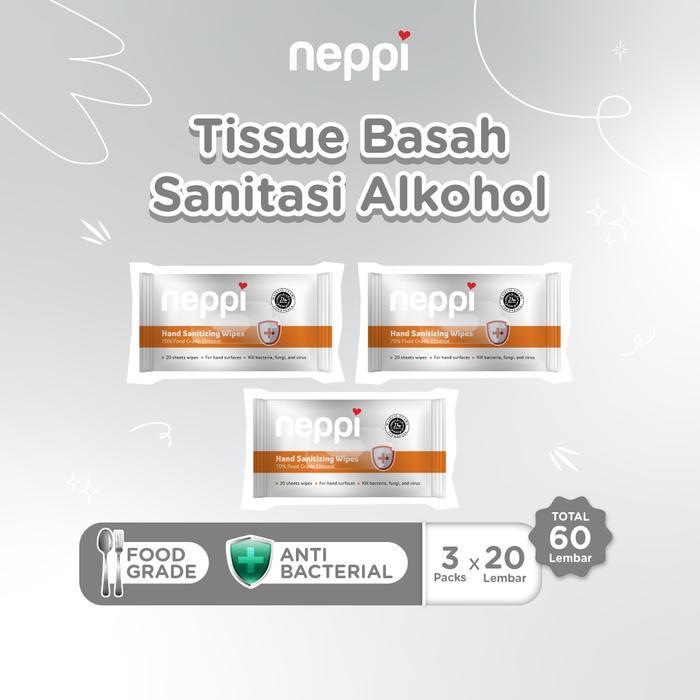 (3 Pcs x 20 Lembar) Neppi Hand Sanitizing Wipes 20s - Tisu Alkohol