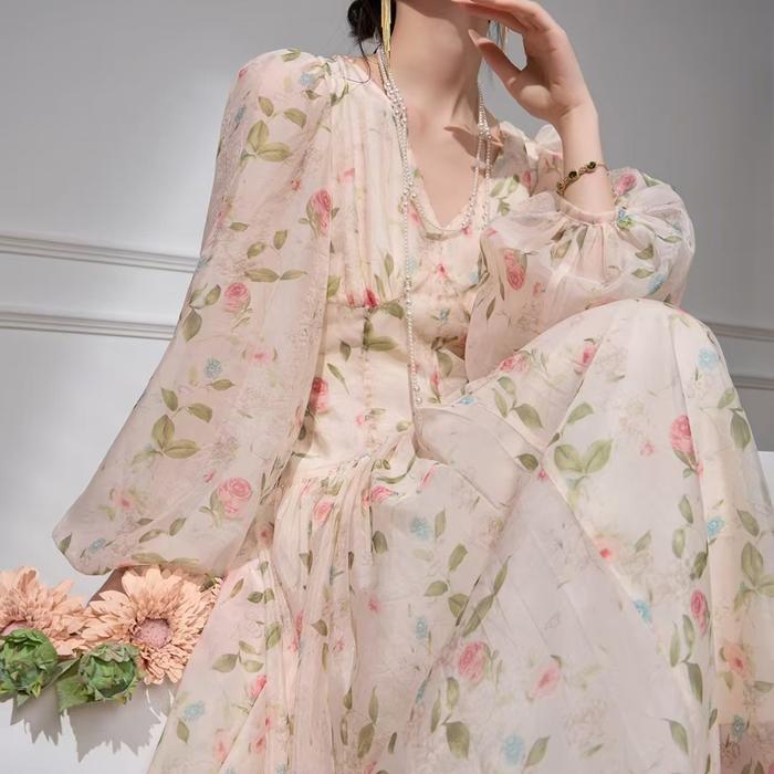 DresQuu- [Fanmu] Gaun Bunga Fairy Rok Sifon Panjang Casual Wanita Dress Baju Floral Motif Midi