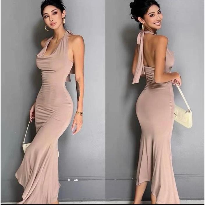 DresQuu- 7896 Midi Dress Pink Gaun Wanita Panjang Formal Press Body Korea Dress Import Wanita