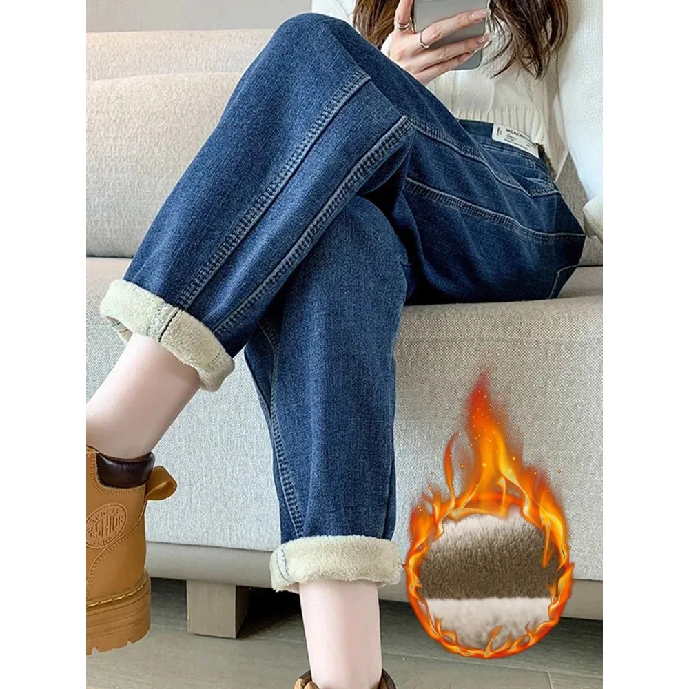Korean Add Velvet Baggy Harem Jeans Blue High Waist Denim Pants 2023 Winter Warm Vaqueros Thicken