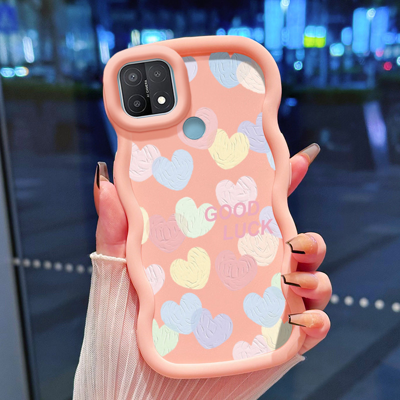 Casing Hp Untuk OPPO A15 A15s A35 4G Case Hati krim biru muda Cesing Polos Kasing Macaron gelombang 