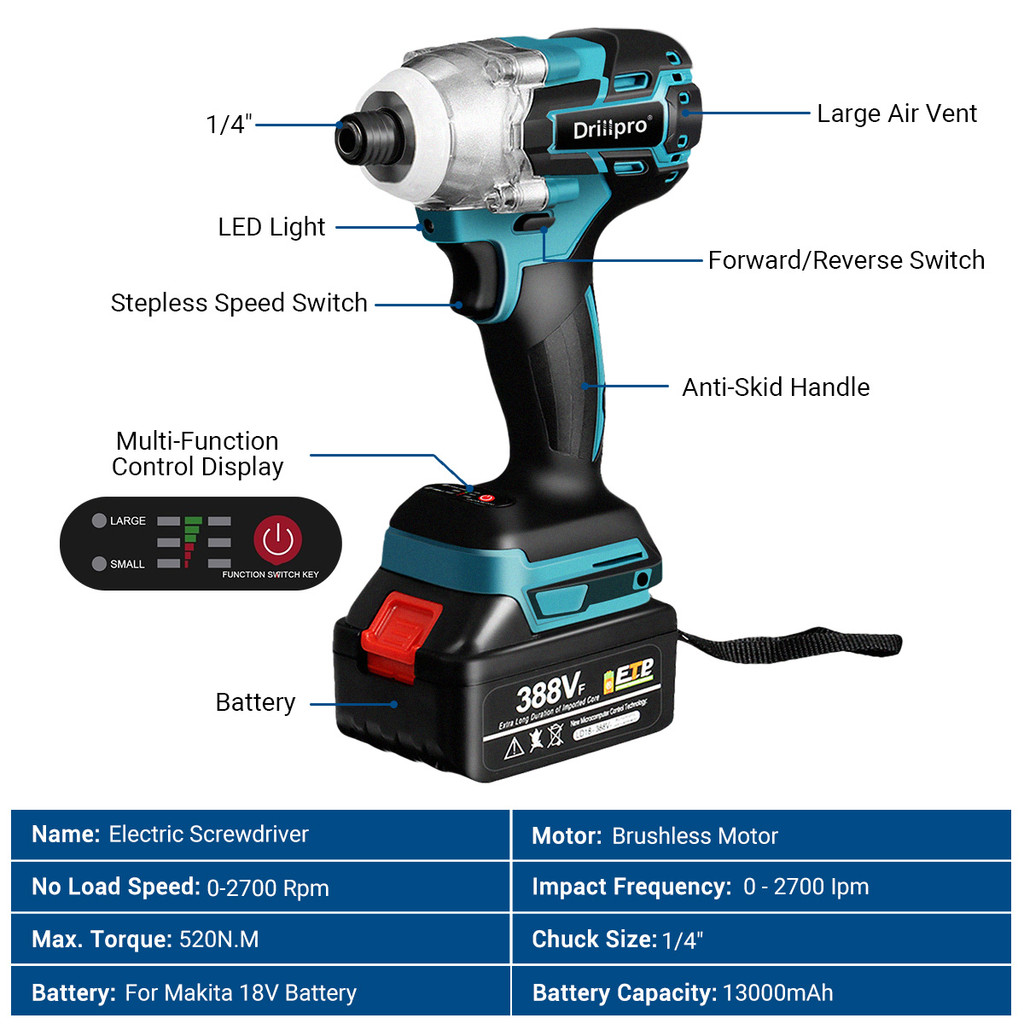 . Drillpro 388Vf Cordless Brushless Electric Screwdriver 1/4 Inch -
