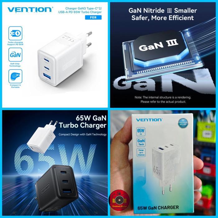 Charger Vention 65W GaN FER adaptor fast charging PD support 45W 20W