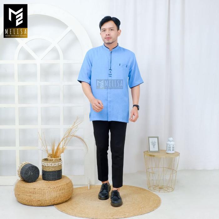 Baju Koko Pria Couple Ayah Dan Anak Katun Madinah Model Lengan Pendek Warna Biru Denim
