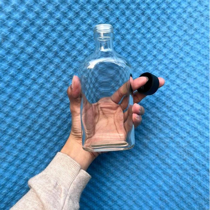 BOTOL KACA GEPENG 250ML DENGAN TUTUP PLASTIK DESAIN UNIK PRAKTIS COCOK UNTUK KOPI ATAU JUS TINGGI