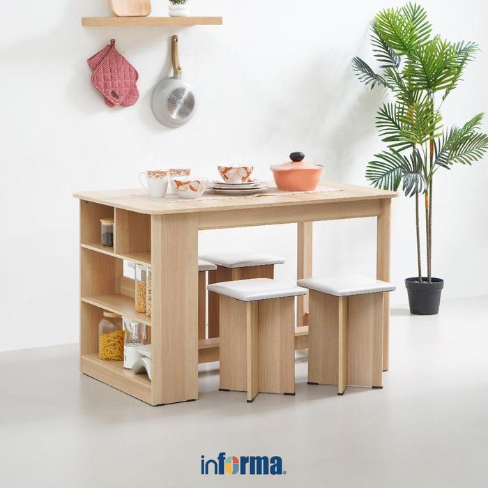 Informa Meja Dapur Multifungsi Dengan Stool - Cokelat Oak Bangku Bar Set Makan Meja Kecil