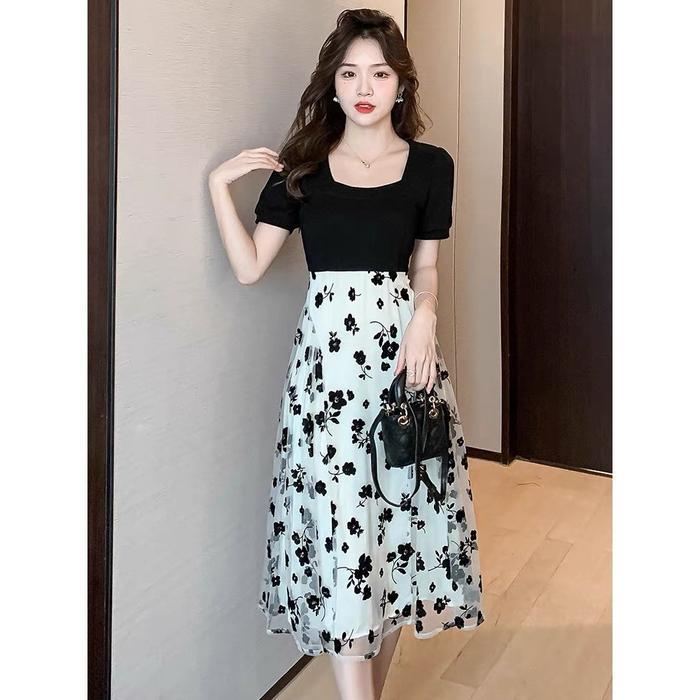 DresQuu- 976 Elegant Black Long Dress Formal Korean Style Vintage Big Size Floral Dress Cantik