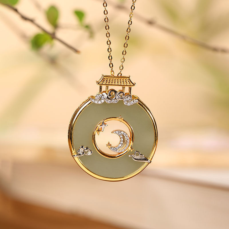 Natural Hetian Jade Jasper Inlaid Crystal Shining Palace Pendant Necklace Exquisite Light Luxury