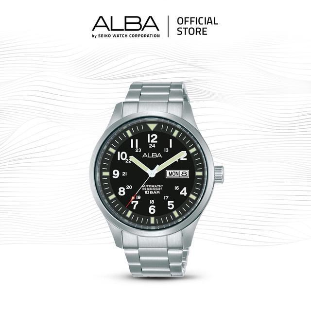 Alba Mechanical Jam Tangan Pria Field AL4213 / AL4213X1 Automatic Black Dial Stainless Steel Strap
