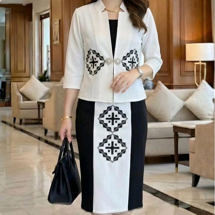 Set Blazer Scuba Bordir Wanita Dress Blazer - Putih, AS