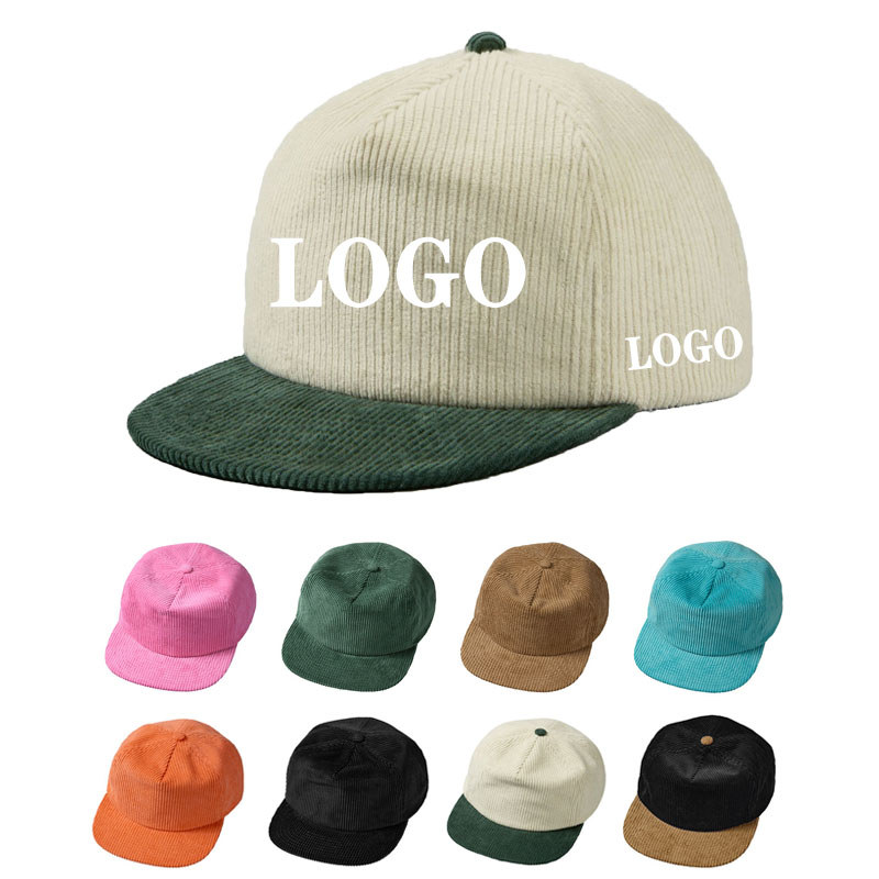 Outdoor Corduroy 5-Panel Snapback Cap Flat Brimmed Color Block Baseball Cap Custom Logo Embroidery
