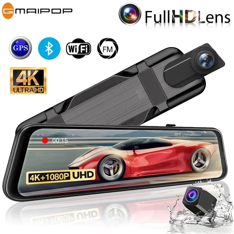 . 4K Rearview Mirror Camera Car Dvr Dual Dash Cam Black Box With Gps -