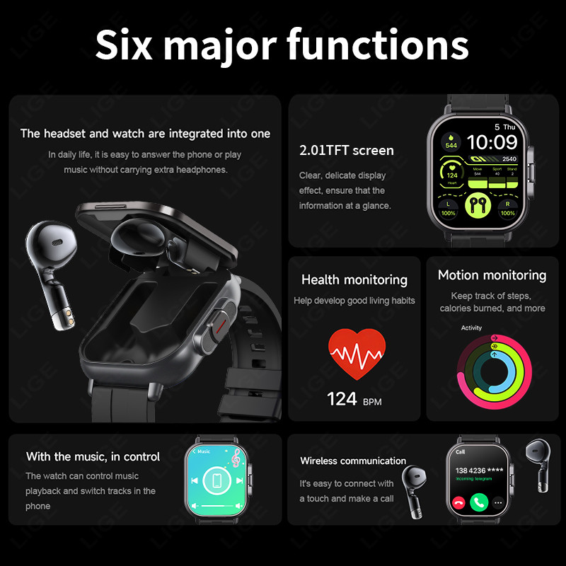 LIGE New TWS 2-in-1 With Headset Smart Watch Bluetooth Call Men Watch GPS Track SmartWatch Heart
