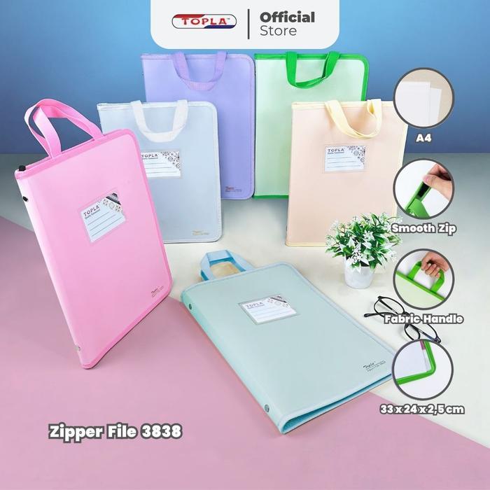 NEW - TOPLA ZIPPER FILE 3838 MAP DOKUMEN FOLIO A4 RESLETING HANDLE MAP WARNA PASTEL AESTHETIC KOREAN
