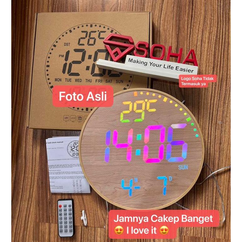 JD-16 SOHA Jam Dinding Digital Design Motif Kayu Elegan Lampu LED Besar 11 Inch Alarm Free Remote