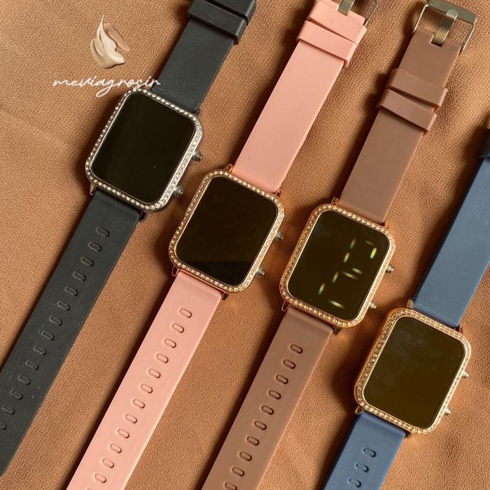 Jam Tangan Wanita LED Digital Strap Rubber Silicone Jam Tangan LED Cewek Digital Berlian Case