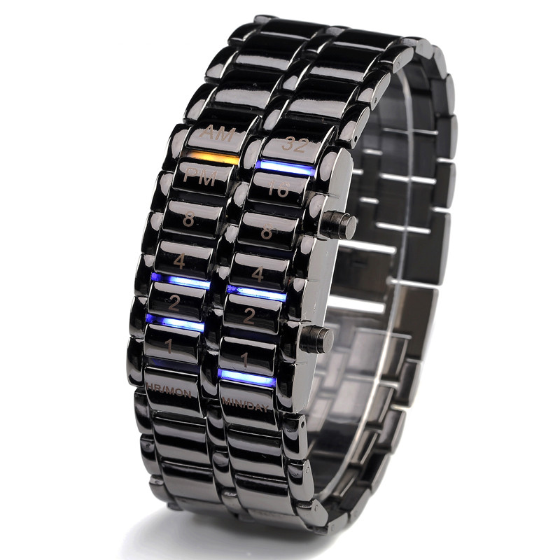 Fashion Lava Iron Samurai Watch Men Binary Led Watches Black Stainless Steel Electronic Bracelet