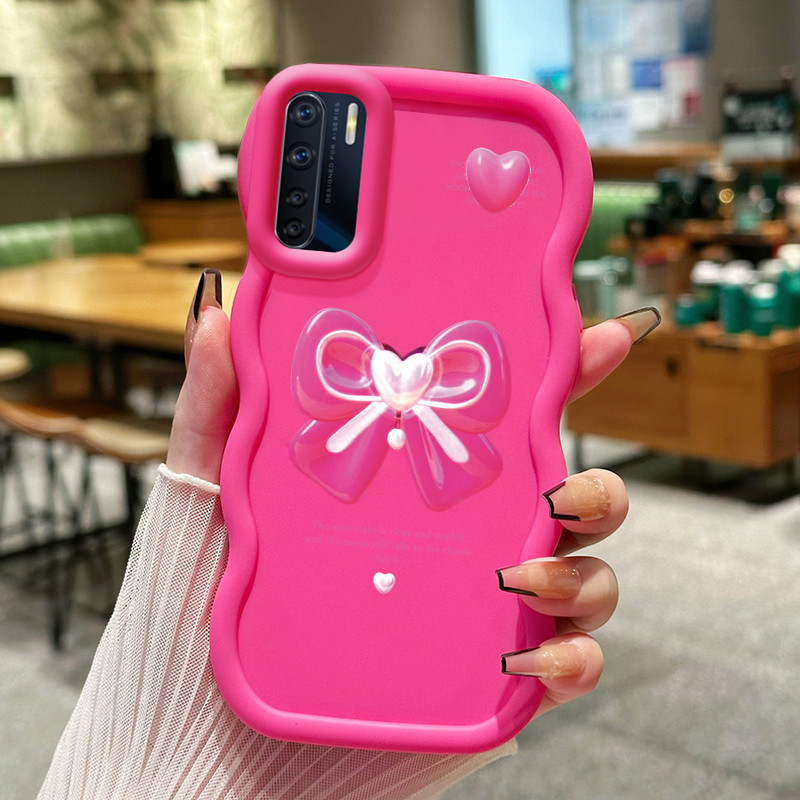 Casing Hp Untuk OPPO A91 F15 Reno 3 Case merah mawar transparan Bow Cesing Polos Kasing Macaron gelo