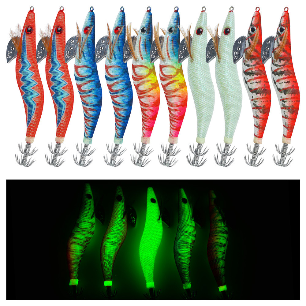10Pcs Luminous Squid Bait Jig Hooks Rattle Saltwater Glow Squid lures Cuttlefish Sleeve Egi Jig