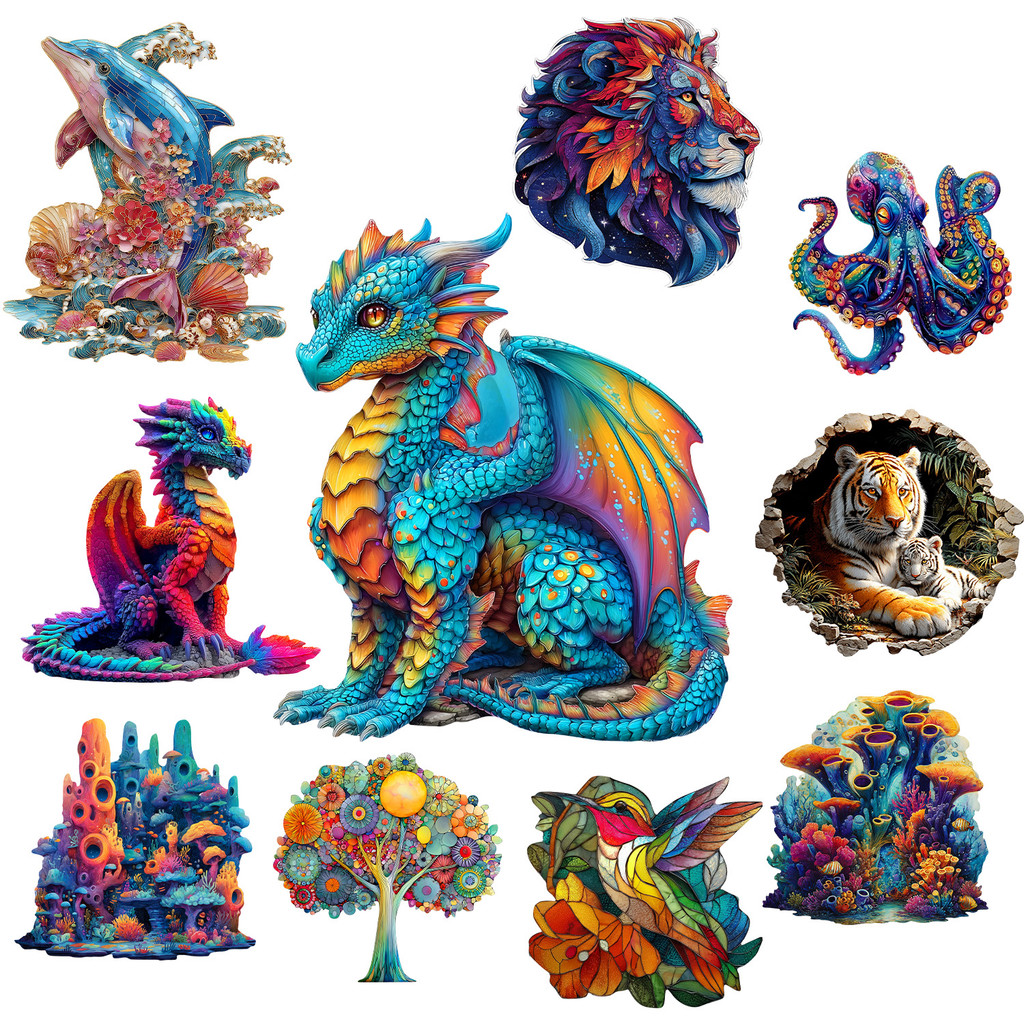 Dragon And Animal Friends Wooden Jigsaw Puzzle Wooden Home Decor Painting Christmas and Halloween