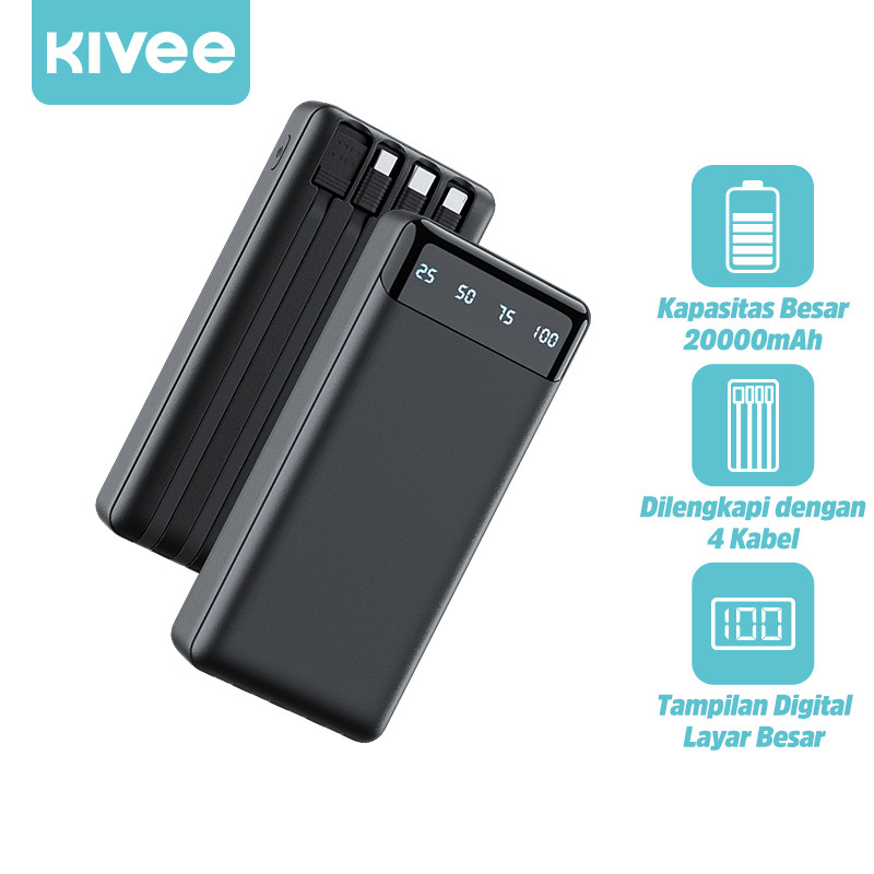 Kivee Powerbank 20000Mah 10000Mah Dengan Kabel Data Tipe C /Micro Usb/Lightning Usb Tampilan Daya
