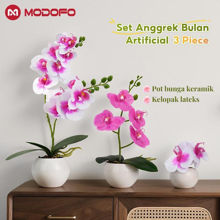 CodModofo Anggrek Bulan Simulasi Premium Bahan Lateks, Set 3 Pot (Sedang, Besar, Kecil) + Vas
