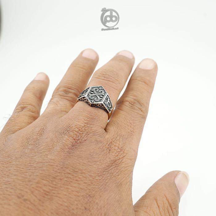 Cincin Signet Pria Perak 925 Asli Vintage Ukir Hexagon